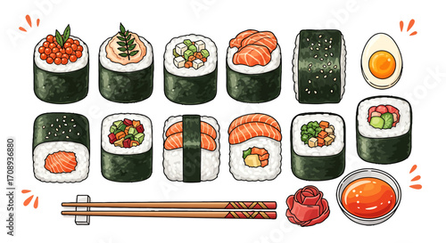 Japanese Food Design - A Collection of Sushi and Sashimi Illustration