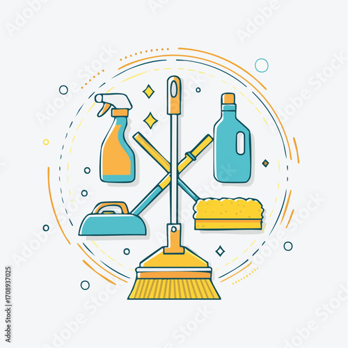 Modern line art illustration concept for household chores and sanitation, showcasing a collection of essential cleaning supplies and tools