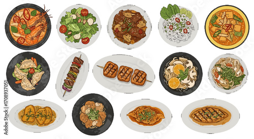 Vibrant culinary design a diverse collection of international dishes, ideal for menu development and recipe inspiration, featuring beautifully prepared global meals