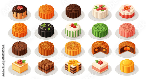 Isometric set of traditional Chinese mooncakes, a festive dessert and pastry food design collection for the Mid-Autumn Festival