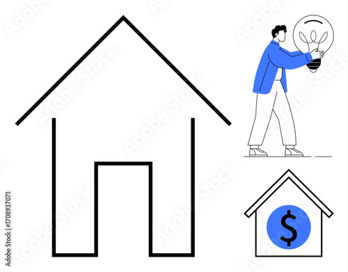 Large house outline, person holding lightbulb for innovation, house with dollar, linking ideas, creativity, growth, savings, home improvement. Ideal for real estate finance innovation savings