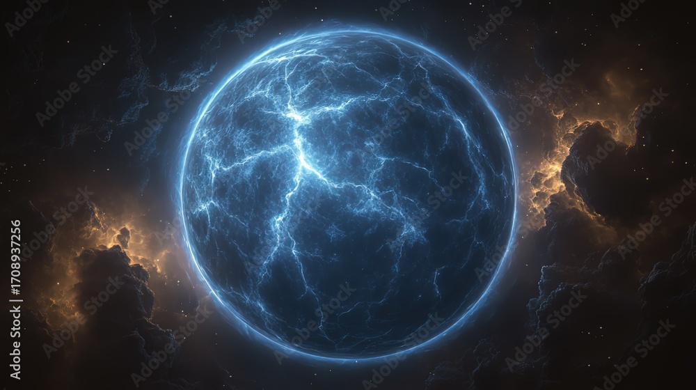 Fototapeta premium Glowing Blue Celestial Sphere Surrounded by Cosmic Clouds