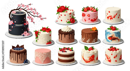 A meticulously crafted array of artisan cake designs, showcasing diverse confectionery artistry, vibrant decorations, and exquisite flavors for memorable celebrations