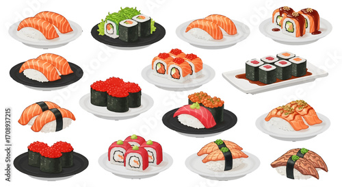 Exquisite Japanese Sushi Design Collection Showcasing Diverse Culinary Artistry and Vibrant, Hand-Crafted Delicacies for a Delightful Gastronomic Experience