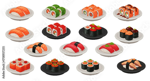 Japanese food design illustration, a collection of delicious sushi and maki rolls for culinary inspiration