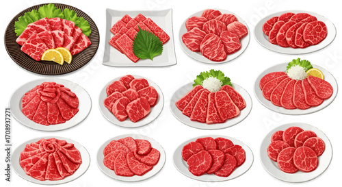 An appetizing array of raw beef slices, meticulously arranged for a culinary design presentation