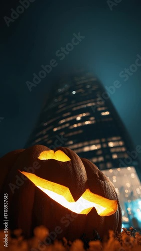 Carved pumpkin with skyscraper: urban halloween scene at night