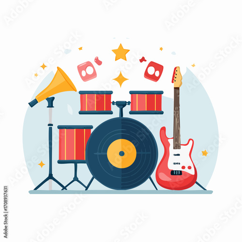 Rock Band Instruments Drums, Guitar, and Amplified Sound