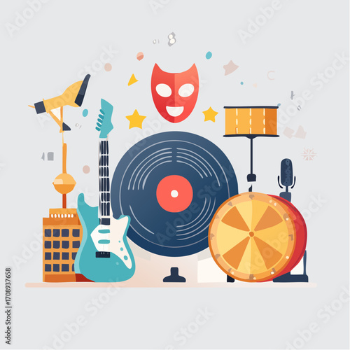 Collection of musical instruments and entertainment elements, including a guitar, drum, turntable, and mask