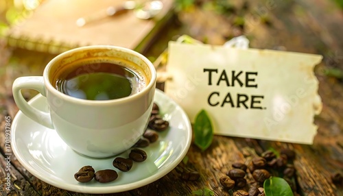 Coffee and care note on rustic table
