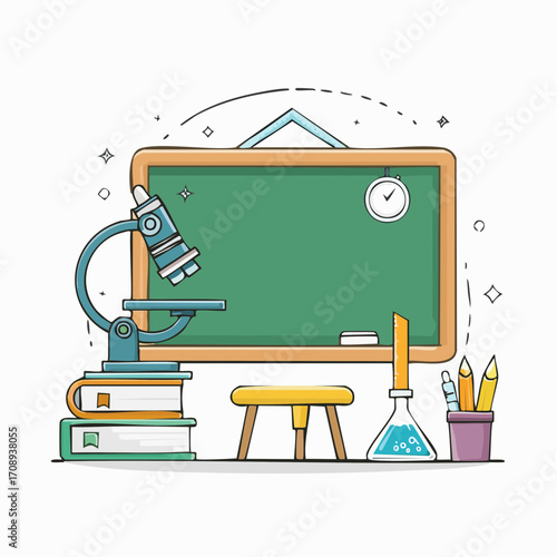 Flat line art illustration of a school science setup, symbolizing the foundation of knowledge through study and experimentation