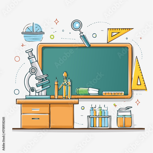 Vibrant illustration of a desk with science and education equipment microscope, test tubes, rulers, and a chalkboard. Symbolizes academic learning and discovery