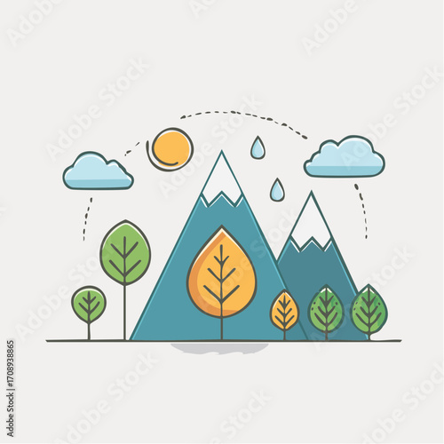Simple Vector Illustration of Mountains, Trees, Sun, Clouds, and Rain in a Minimalist Style