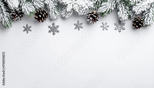 Wallpaper Mural Snowy pine branches with pinecones and metallic snowflakes on white background, rustic natural winter decoration, minimal clean seasonal festive template, elegant neutral display mockup design Torontodigital.ca