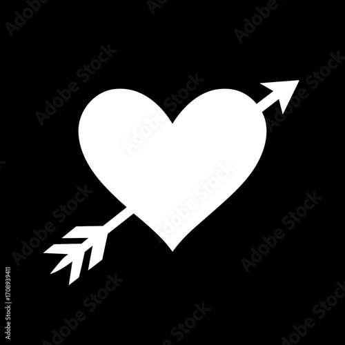 White Heart with Arrow Icon, Minimalist Love Symbol on Black Background, for Valentine's Day Design, Romantic Theme Materials, Wedding Elements