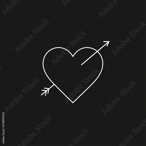 White Line - Drawn Heart with Arrow Icon, Minimalist Love Symbol on Black Background, for Valentine's Day Design, Romantic Theme Materials, Wedding Elements