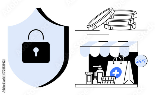 Shield with lock, stacked coins, online pharmacy storefront with medicine and 247 sign. Ideal for healthcare security, e-commerce, trust, safety, medical services, cost-saving simple flat metaphor