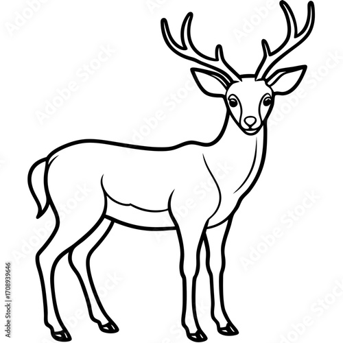 A majestic deer with large antlers standing gracefully depicted as a clean silhouette isolated on white background