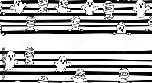 simple hand drawing black bold horizontal lines with peeking cartoon seamless pattern; ghost and mummy halloween theme for background, texture, wallpaper, banner, label etc. vector design 
