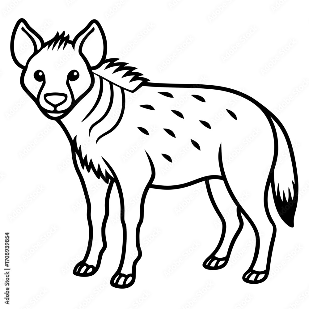 Fototapeta premium A simple black and white line drawing of a hyena standing and looking forward isolated on white background silhouette