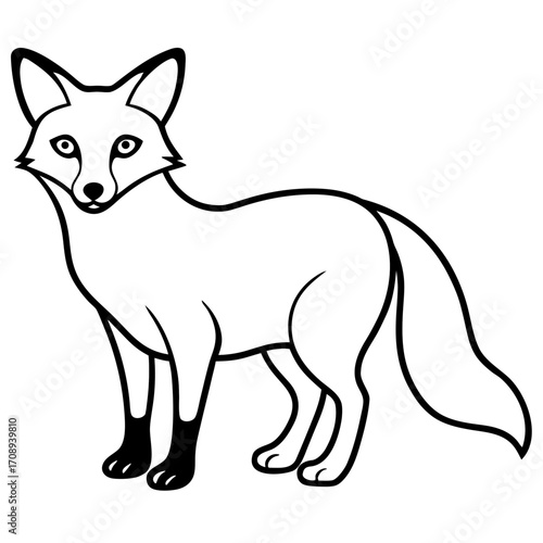 A simple black and white line art illustration of a fox standing alert silhouette isolated on white background