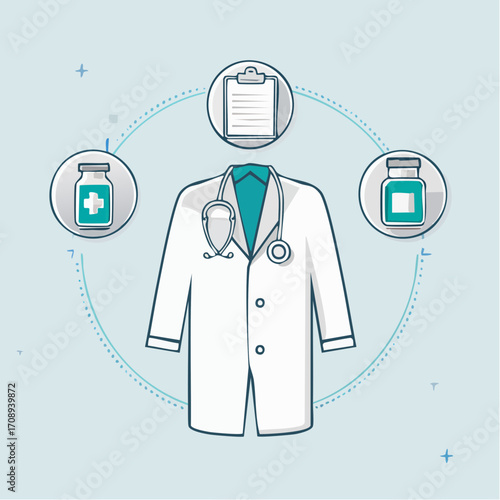 Medical doctor's white coat with stethoscope and vials, symbolizing healthcare and patient care services