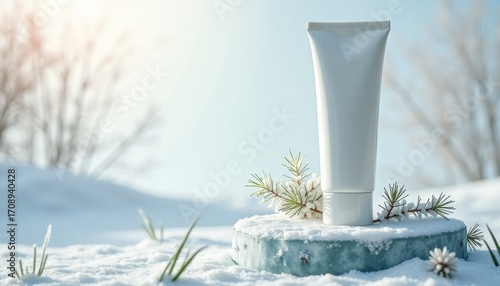 Skincare cream tube on stone surrounded by snow and pine branches  