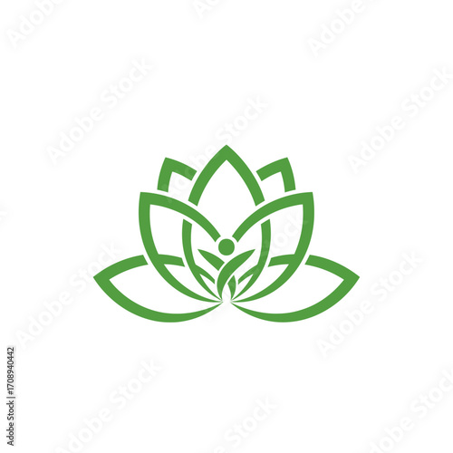 Flat healthcare logo with lotus flower symbol in solid green