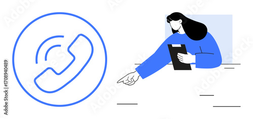 Woman holding tablet, gesturing outward, large phone call icon representing connection. Ideal for communication, customer service, teamwork, business, consultation, remote work simple landing page