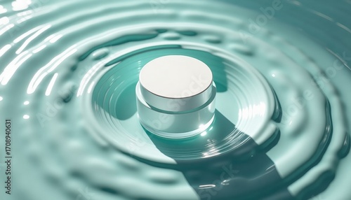 Moisturizing cream jar floating in gentle water ripples  