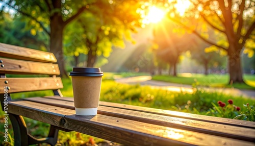 Coffee cup on park bench at sunset