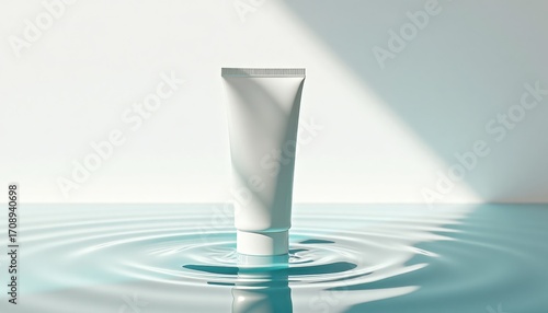 White cosmetic tube standing in rippling water background  