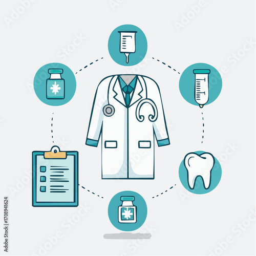 Medical and healthcare services illustration featuring doctor's coat, stethoscope, and essential medical supplies for patient care