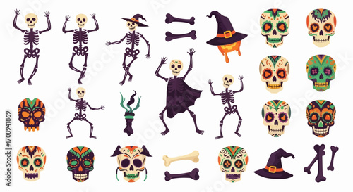 Halloween icon halloween vector graphic with skeletons sugar skulls witch hats and bones for festive designs and decorations vector