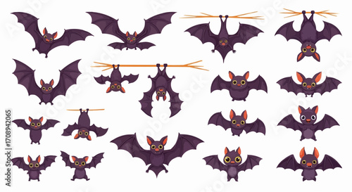 Halloween icon cartoon halloween bats vector illustration set flying hanging bat collection spooky cute bat graphics design art vector