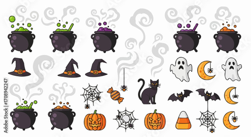 Halloween icon halloween vector illustration with cauldron, ghost, pumpkin, cat, bat, spider, moon, candy, and witch hat cliparts vector