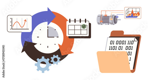Clock with circular arrows, gears, calendar, binary file folder, motor, and charts. Ideal for planning, workflow automation analytics organization productivity and data visualization. Simple