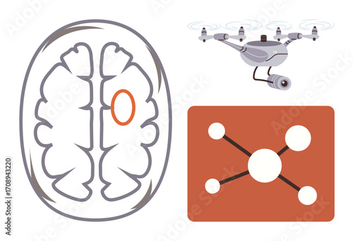 Brain diagram with neural highlight, quadcopter with camera in flight, network graphic symbolizing connectivity. Ideal for technology, neuroscience, AI, innovation, communication, research digital
