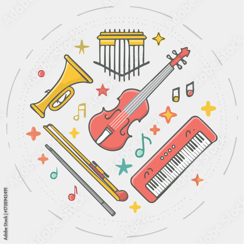 Vibrant vector illustration showcasing a diverse collection of musical instruments in a creative and melodic symphony concept