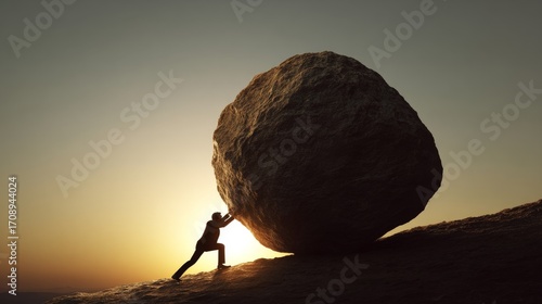 Silhouette of determined young businessman pushing a huge stone uphill on mountain slope at sunset, symbolizing challenge, struggle, perseverance, motivation, hard work, ambition, and success