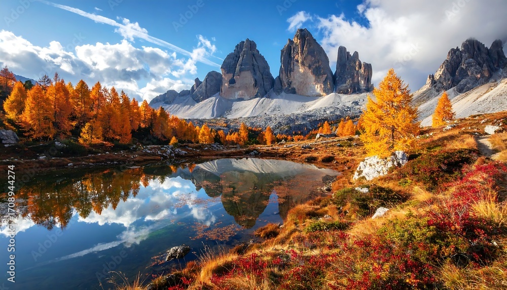 Obraz premium Autumnal alpine lake reflecting majestic peaks