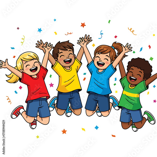 Cheerful group of diverse children celebrating success, jumping happily together in a show of unity and friendship