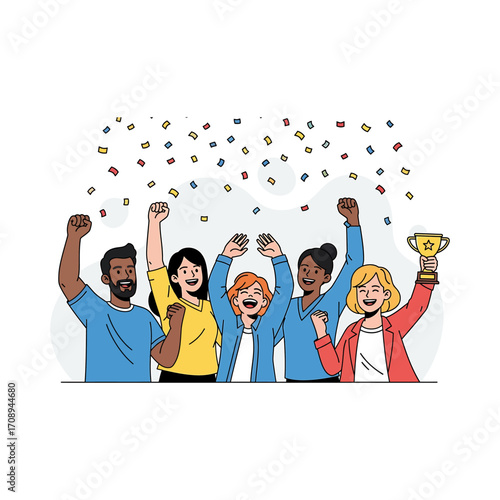 Diverse group of people celebrating success with a trophy and confetti. Teamwork and victory concept vector illustration