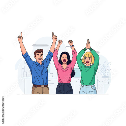 Joyful group of young professionals cheering for a shared achievement, symbolizing the concept of teamwork, success, and collaboration
