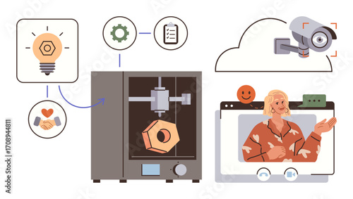 3D printer creating an object with idea and process icons, remote monitoring via cloud, and virtual learning. Ideal for technology, innovation, manufacturing, education, cloud computing, security