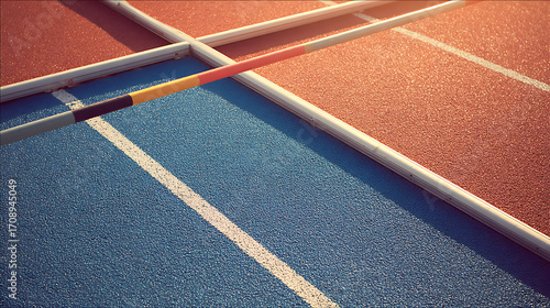 Pole vaulting pole resting on a blue and red athletic track surface