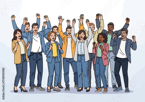 Diverse group of happy people celebrating success together, a multicultural team raising hands in joy and triumph