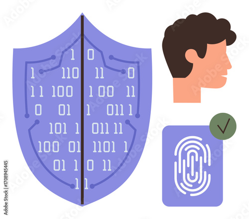 Shield with binary code, fingerprint scan with a checkmark, and human profile emphasizing cybersecurity, data privacy, identity verification. Ideal for data protection, AI, network security, user
