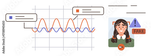 Data graph with two waveforms, annotation boxes, alert for fake face, and deepfake detection warning. Ideal for content verification, AI ethics, cybersecurity, fraud prevention, tech analysis media