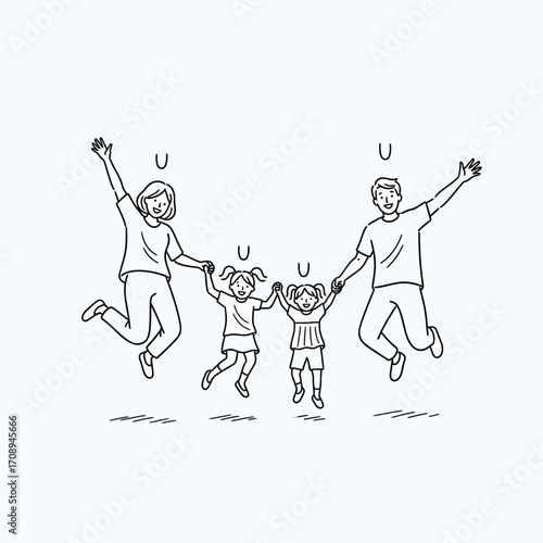 Simple hand-drawn illustration of a joyful family with two daughters jumping in the air, celebrating togetherness and happiness